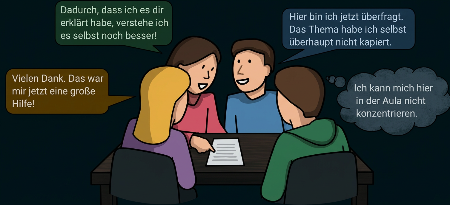 Vier Schüler sitzen zusammen und erklären sich gegenseitig ein Thema.